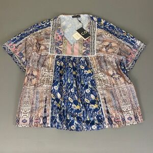 COZY Floral Print Blouse Top Women's 3XL Plus‎ Size Short Sleeve V Neck New NWT